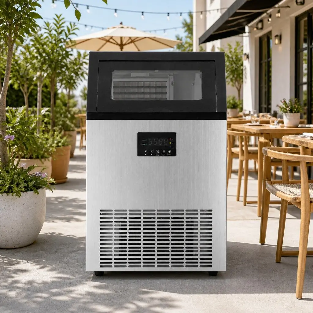Commercial Ice Maker Machine Silver 45kg Daily Capacity Adjustable Cube Thickness LED Control Panel