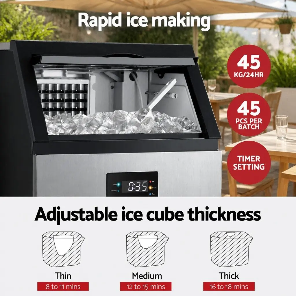 Commercial Ice Maker Machine Silver 45kg Daily Capacity Adjustable Cube Thickness LED Control Panel