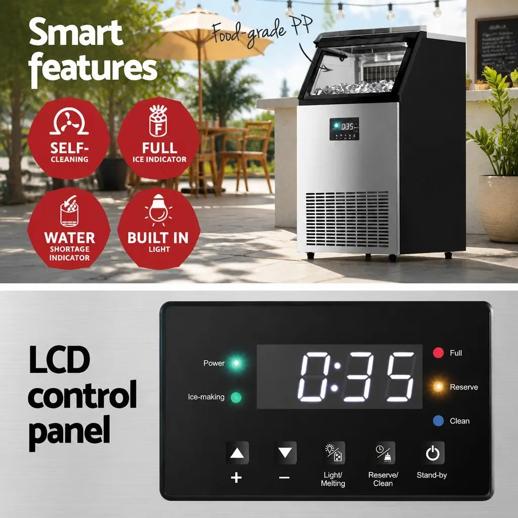 Commercial Ice Maker Machine Silver 45kg Daily Capacity Adjustable Cube Thickness LED Control Panel