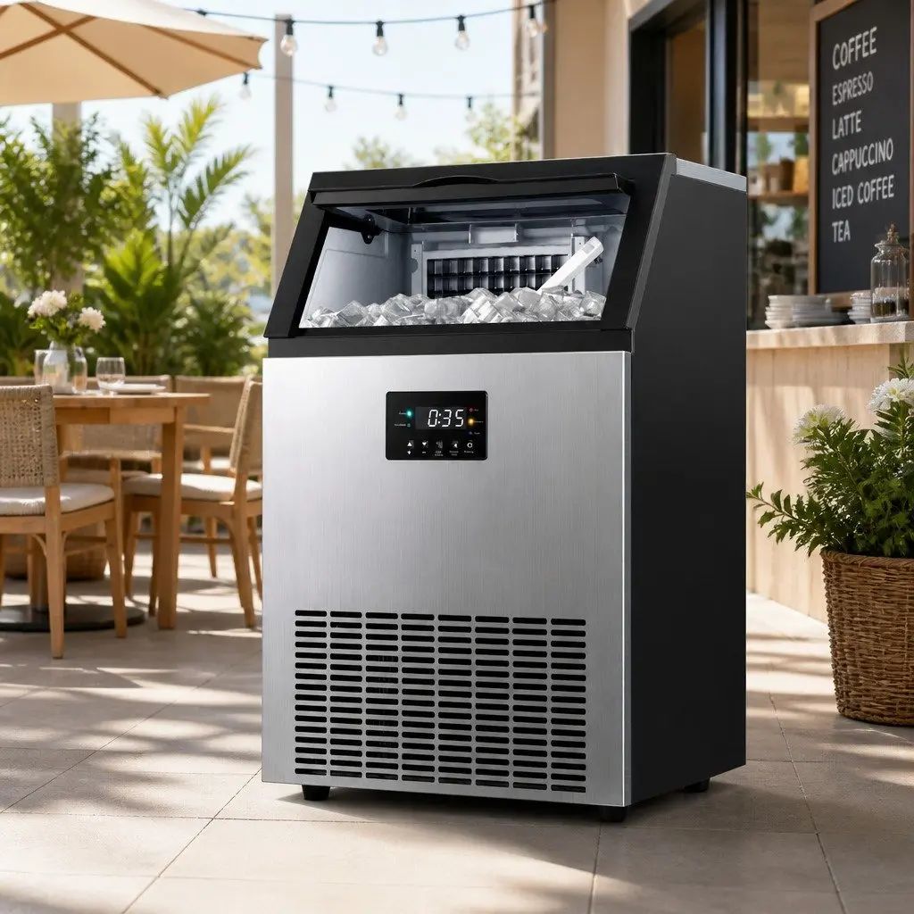 Commercial Ice Maker Machine Silver 45kg Daily Capacity Adjustable Cube Thickness LED Control Panel