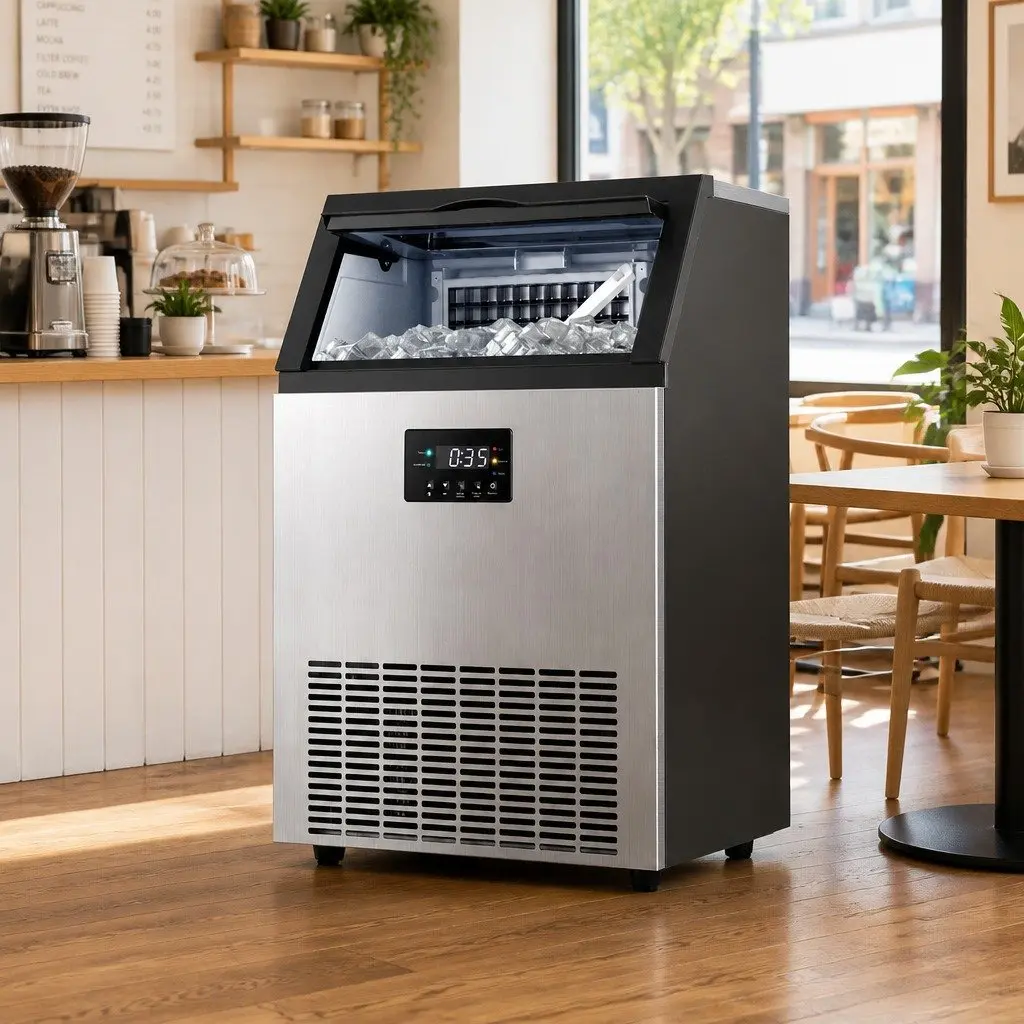 Commercial Ice Maker Machine Black Silver 60kg Capacity Stainless Steel Adjustable Ice Cube Thickness