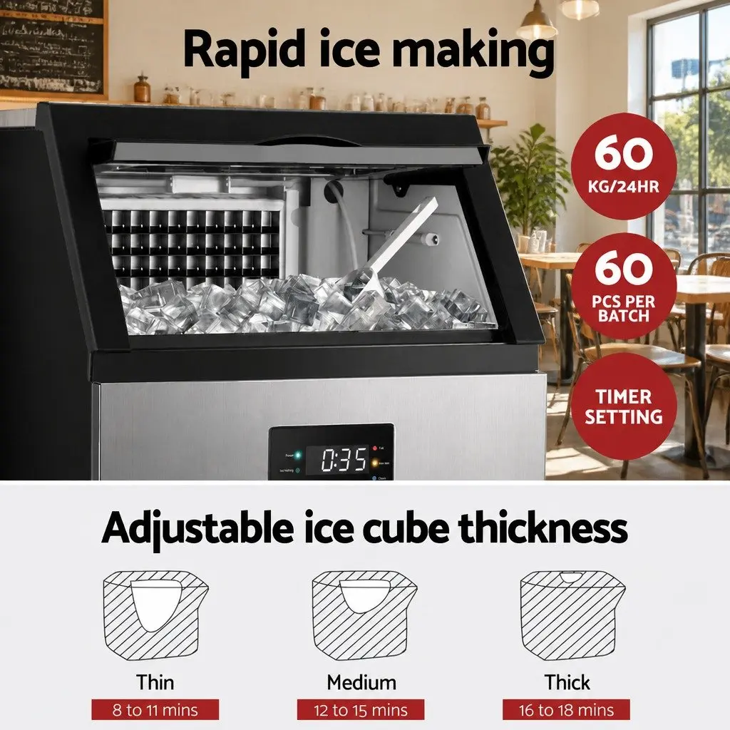 Commercial Ice Maker Machine Black Silver 60kg Capacity Stainless Steel Adjustable Ice Cube Thickness