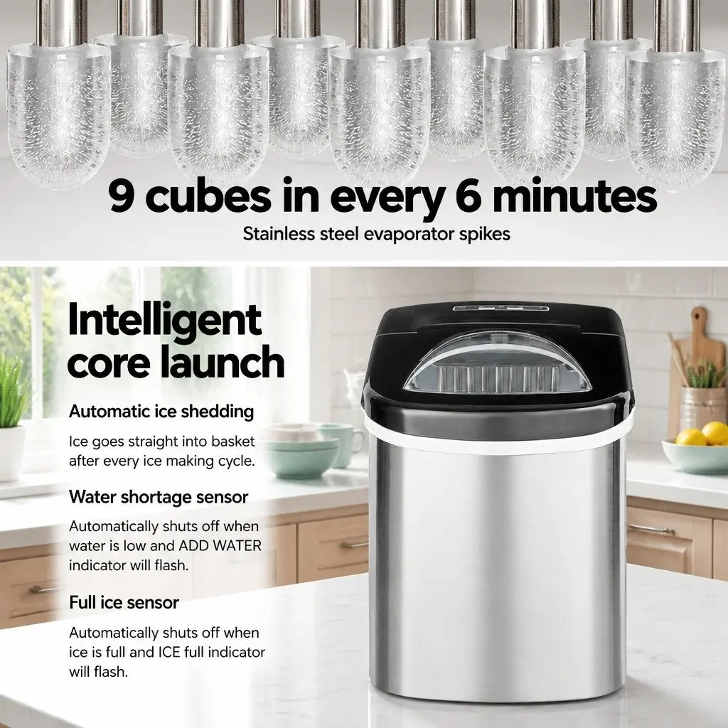 Ice Maker Silver 2.4L Portable Countertop Quick Freezing 9 Cubes per Cycle Bullet-shaped Ice