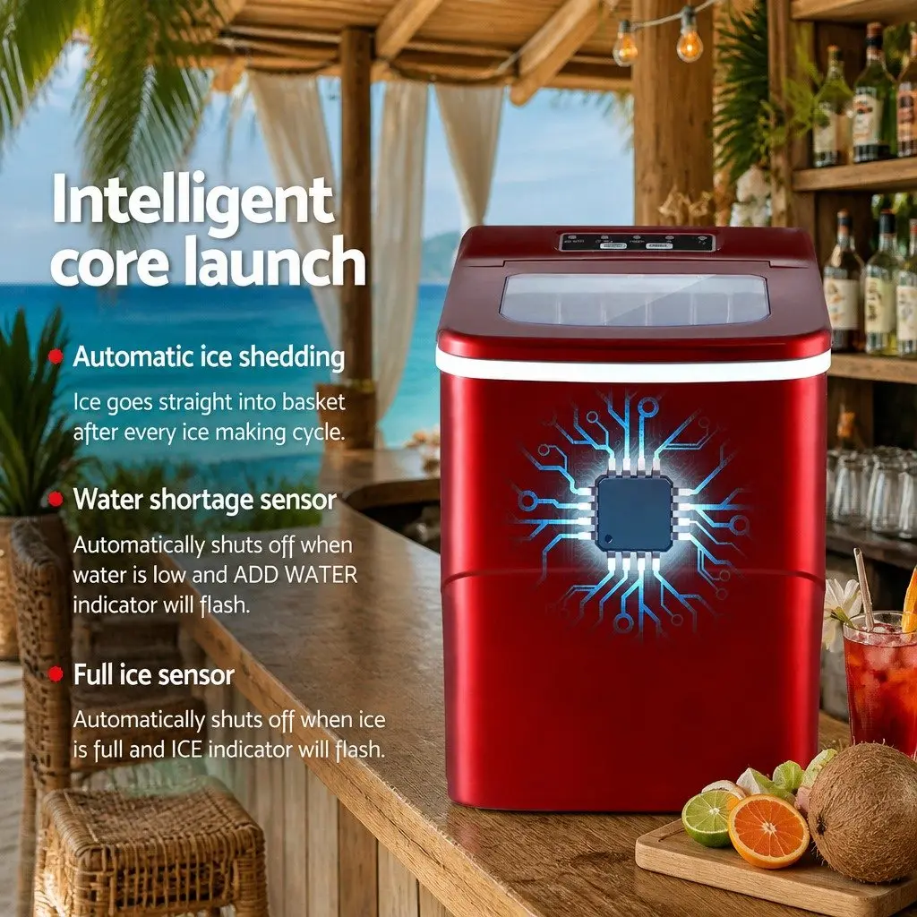 Portable Ice Maker Red 2L Compact Countertop Quick Ice Production