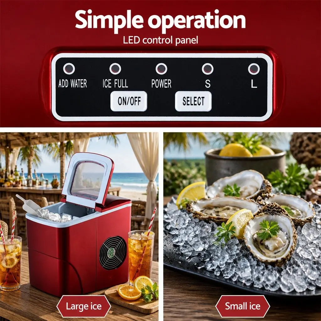 Portable Ice Maker Red 2L Compact Countertop Quick Ice Production