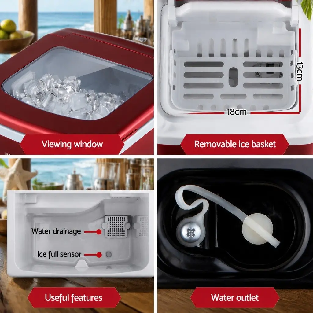 Portable Ice Maker Red 2L Compact Countertop Quick Ice Production