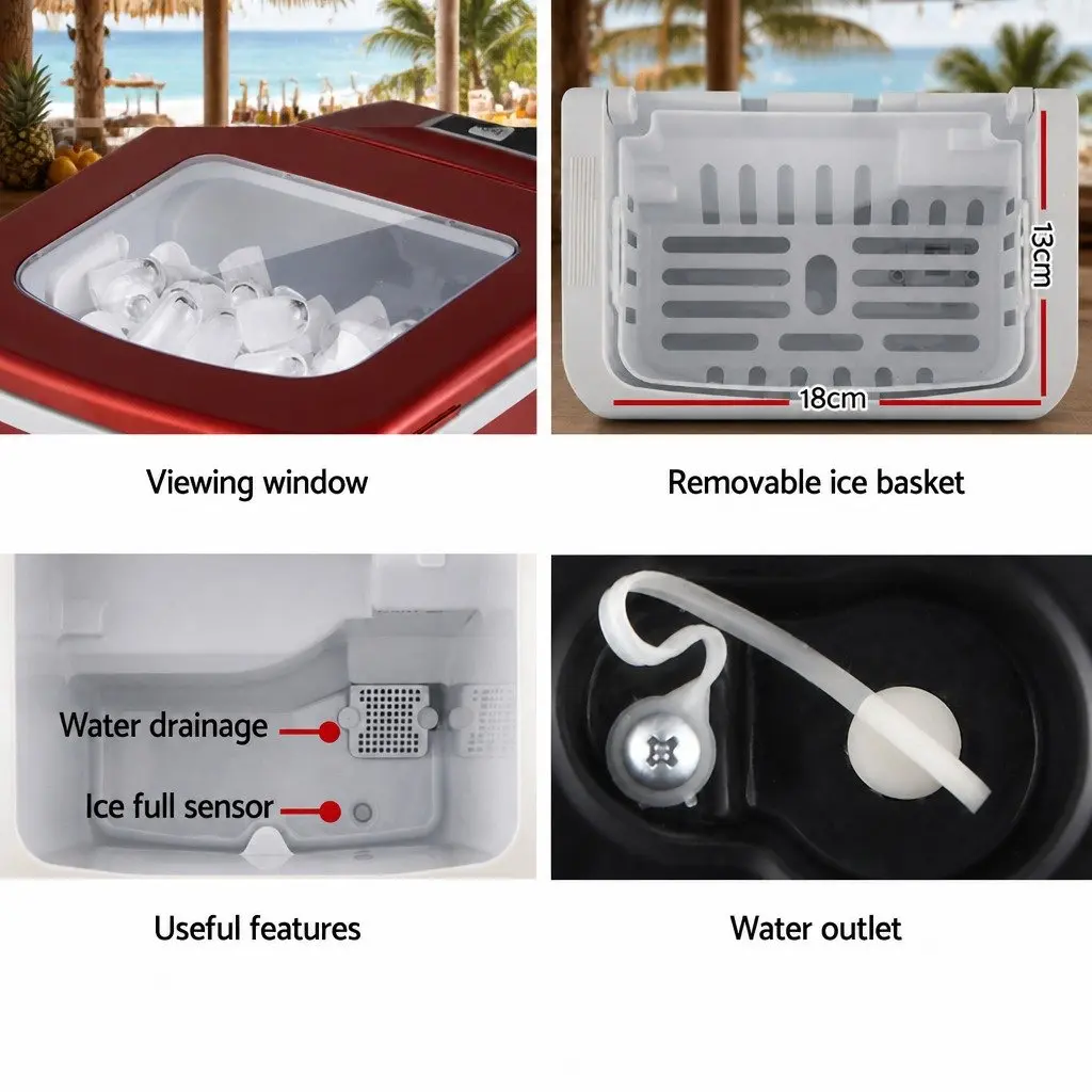 Portable Ice Maker Red 2L Compact Countertop Quick Ice Production