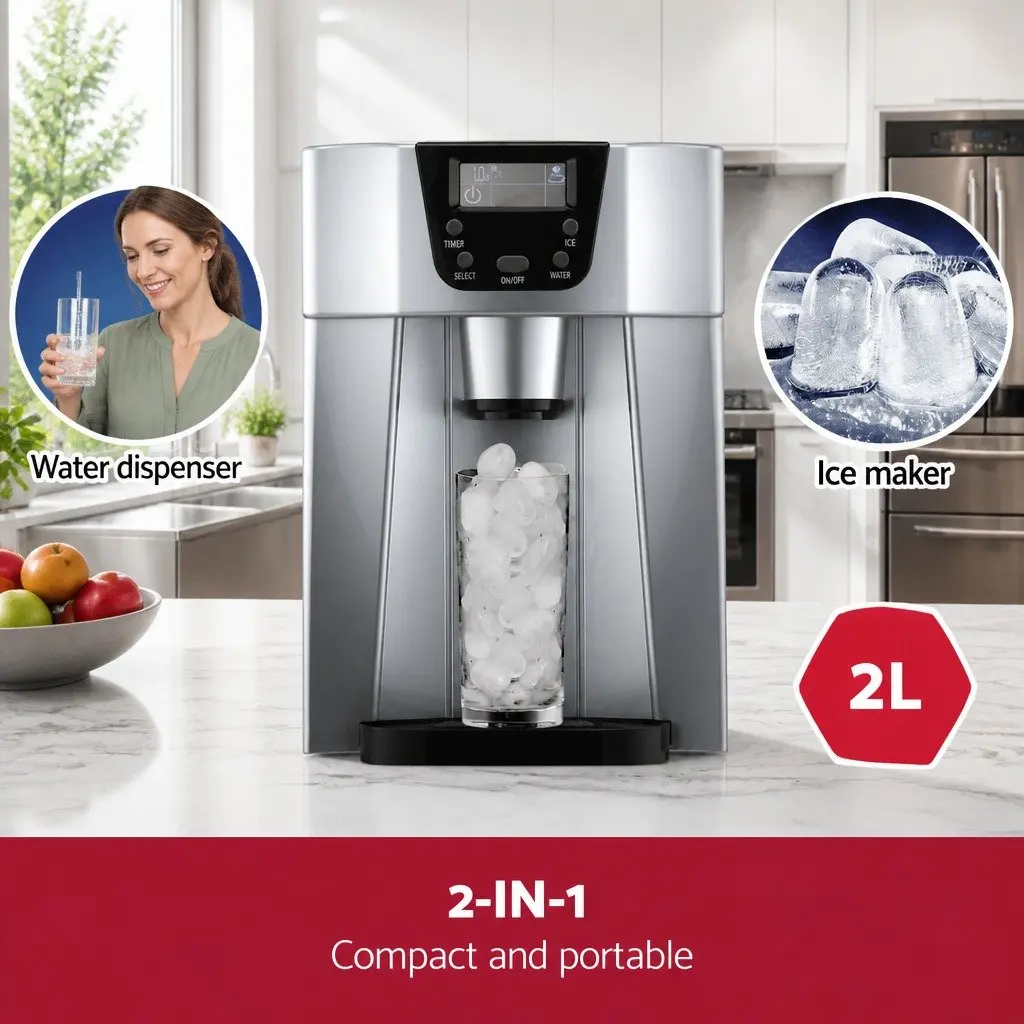 Ice Maker Silver 2L Countertop Portable Ice Cube Machine with Water Dispenser