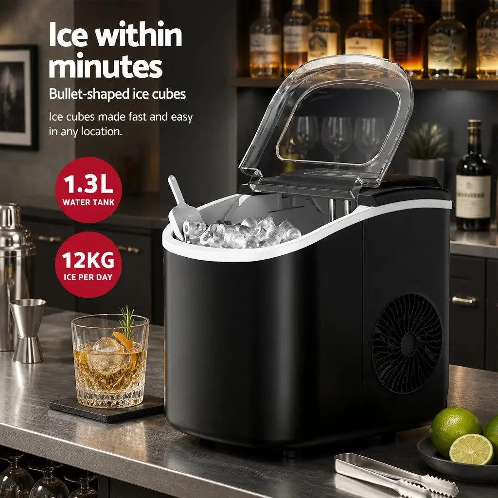 Portable Ice Maker Machine Countertop Ice Cube Tray 12kg Black Compact Bar Home