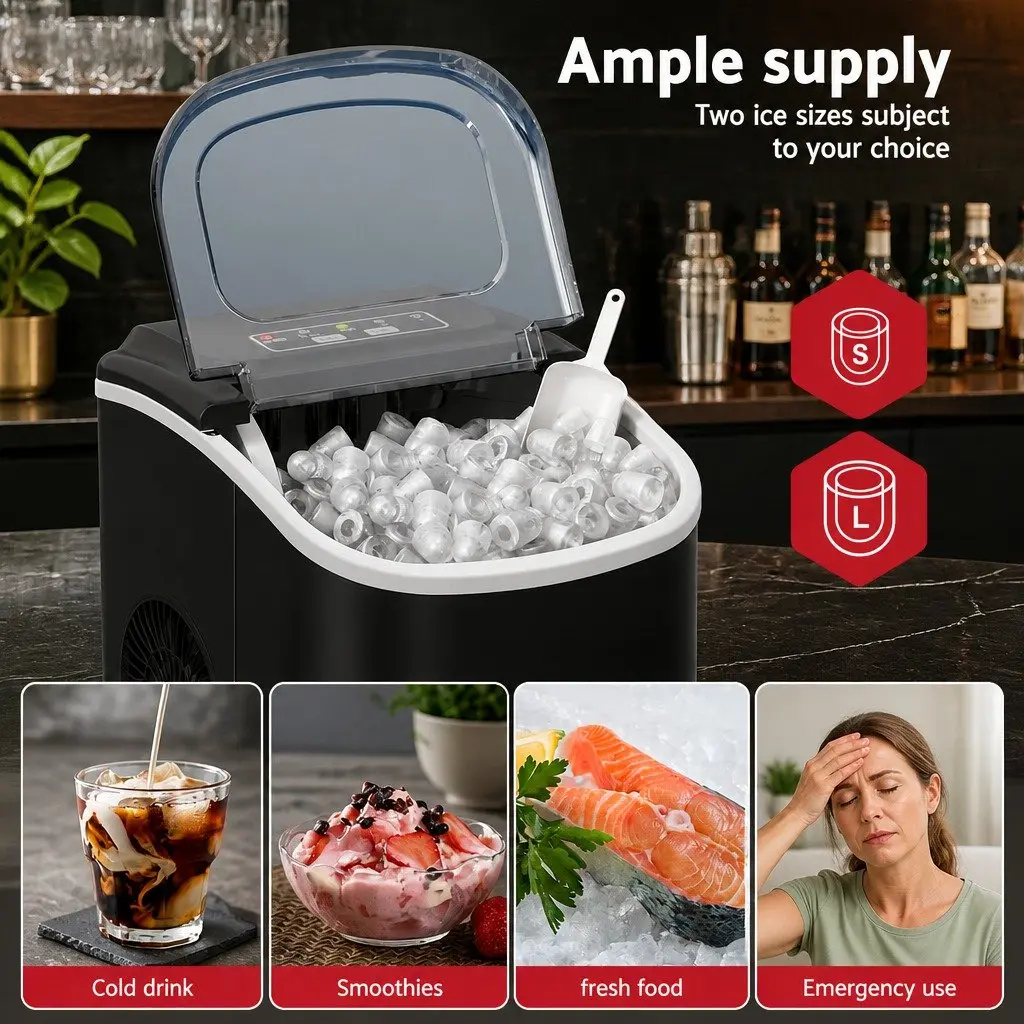 Portable Ice Maker Machine Countertop Ice Cube Tray 12kg Black Compact Bar Home