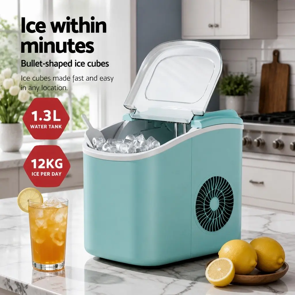 Ice Maker Machine Green Countertop Compact Bullet Shaped Cubes 12kg Daily Production