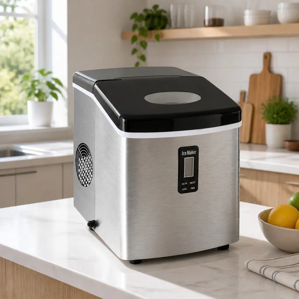 Ice Maker Machine Silver Countertop Portable Compact 15kg Daily Ice Production 9 Bullet-Shaped Ice Cubes 3 Size Options