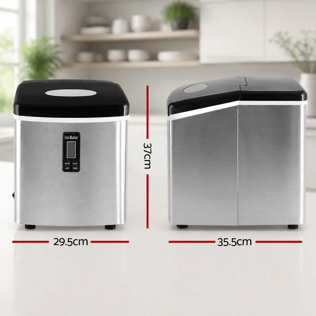 Ice Maker Machine Silver Countertop Portable Compact 15kg Daily Ice Production 9 Bullet-Shaped Ice Cubes 3 Size Options
