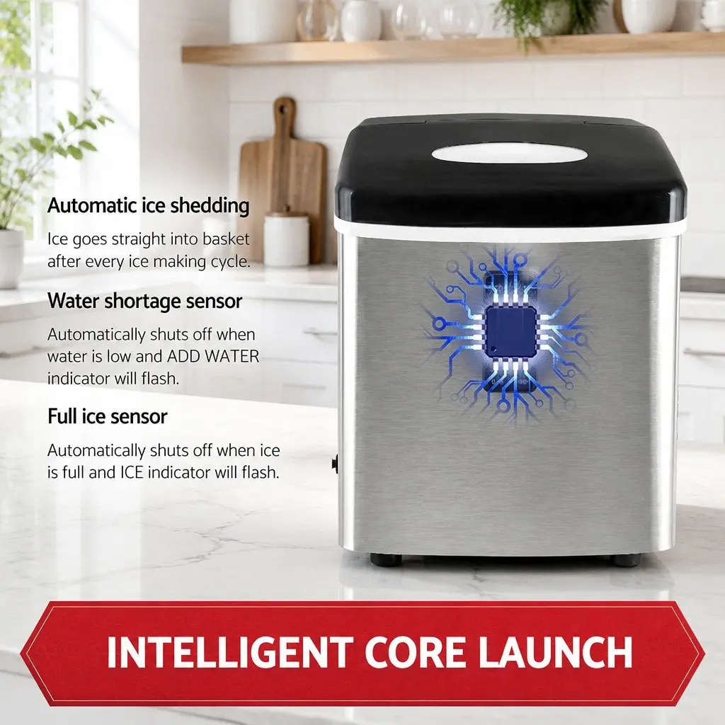 Ice Maker Machine Silver Countertop Portable Compact 15kg Daily Ice Production 9 Bullet-Shaped Ice Cubes 3 Size Options