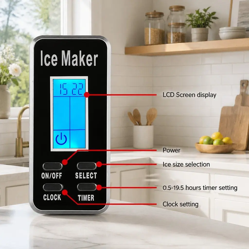 Ice Maker Machine Silver Countertop Portable Compact 15kg Daily Ice Production 9 Bullet-Shaped Ice Cubes 3 Size Options