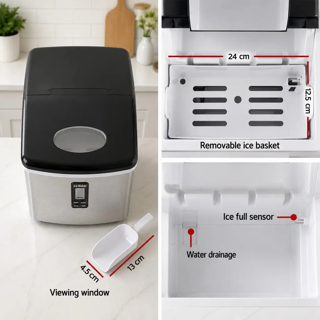 Ice Maker Machine Silver Countertop Portable Compact 15kg Daily Ice Production 9 Bullet-Shaped Ice Cubes 3 Size Options