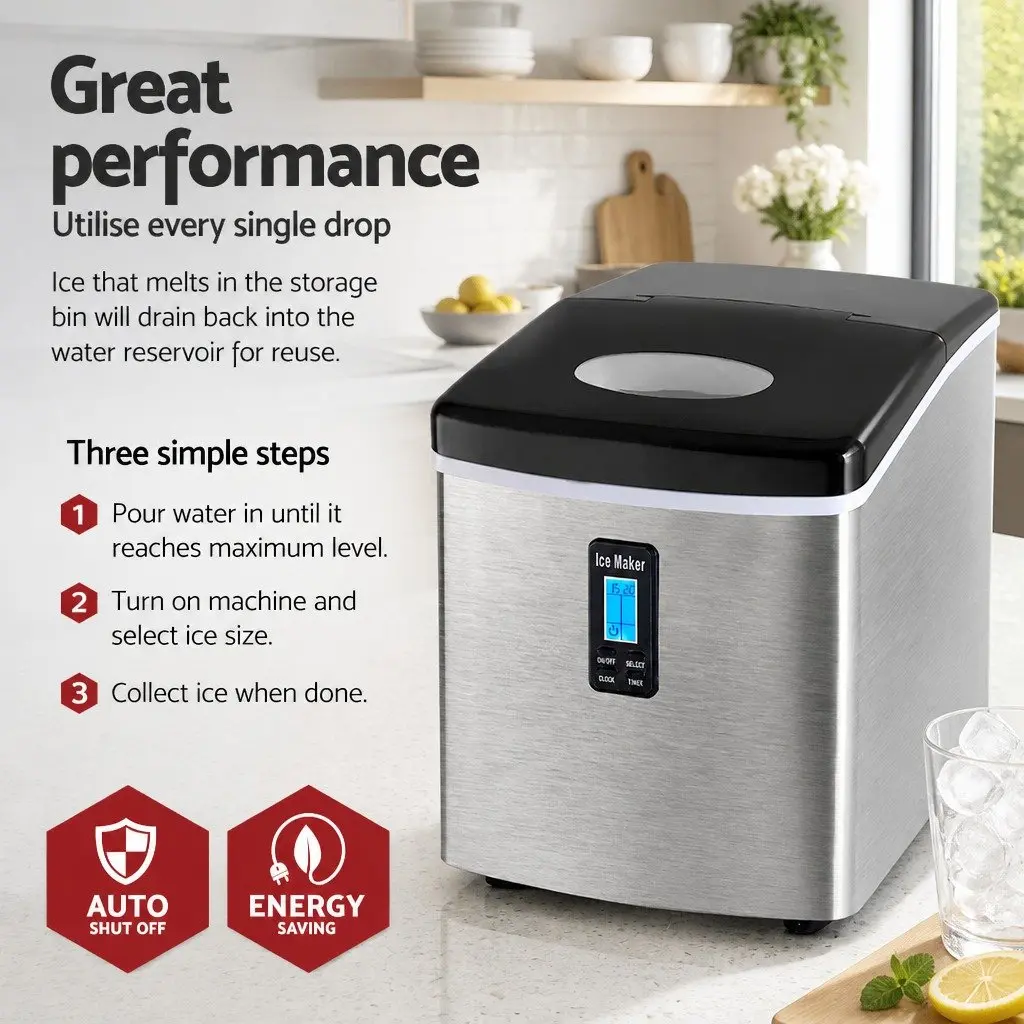 Ice Maker Machine Silver Countertop Portable Compact 15kg Daily Ice Production 9 Bullet-Shaped Ice Cubes 3 Size Options