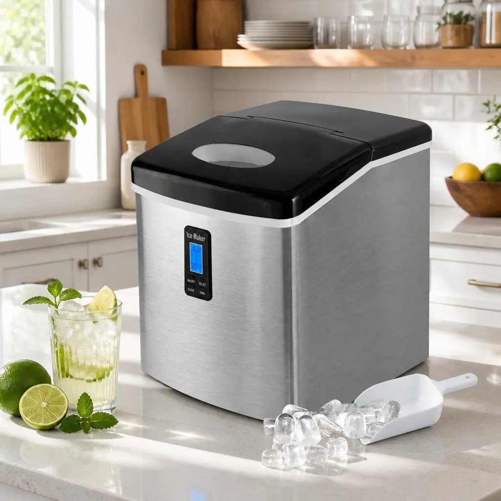 Ice Maker Machine Silver Countertop Portable Compact 15kg Daily Ice Production 9 Bullet-Shaped Ice Cubes 3 Size Options