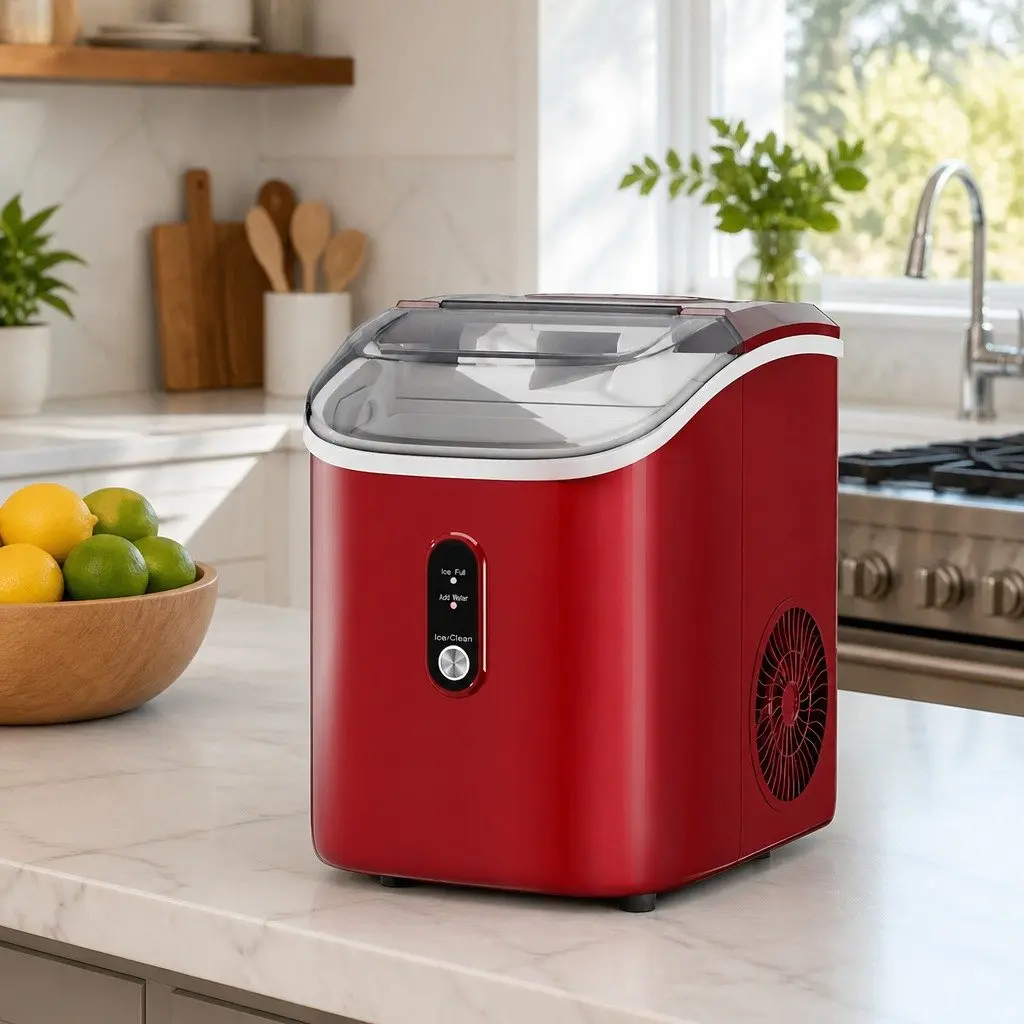 Ice Maker Machine Red Compact Portable Nugget Chewable Ice Cube 15kg Daily Capacity Rapid Ice Production