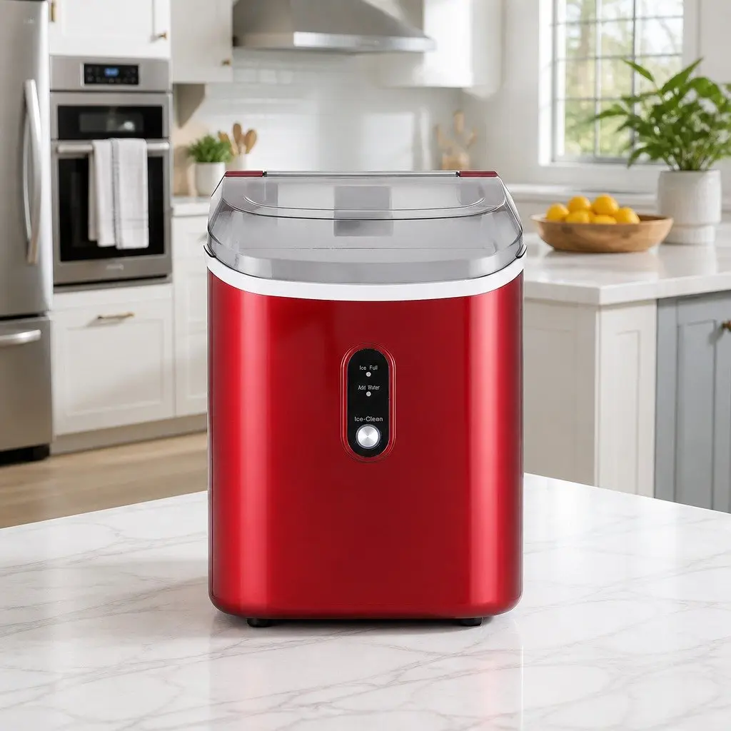 Ice Maker Machine Red Compact Portable Nugget Chewable Ice Cube 15kg Daily Capacity Rapid Ice Production