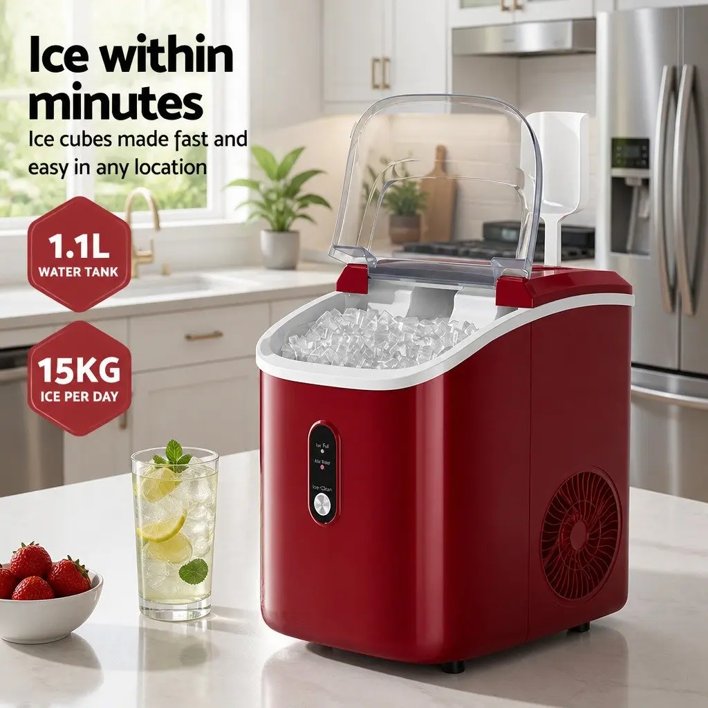 Ice Maker Machine Red Compact Portable Nugget Chewable Ice Cube 15kg Daily Capacity Rapid Ice Production