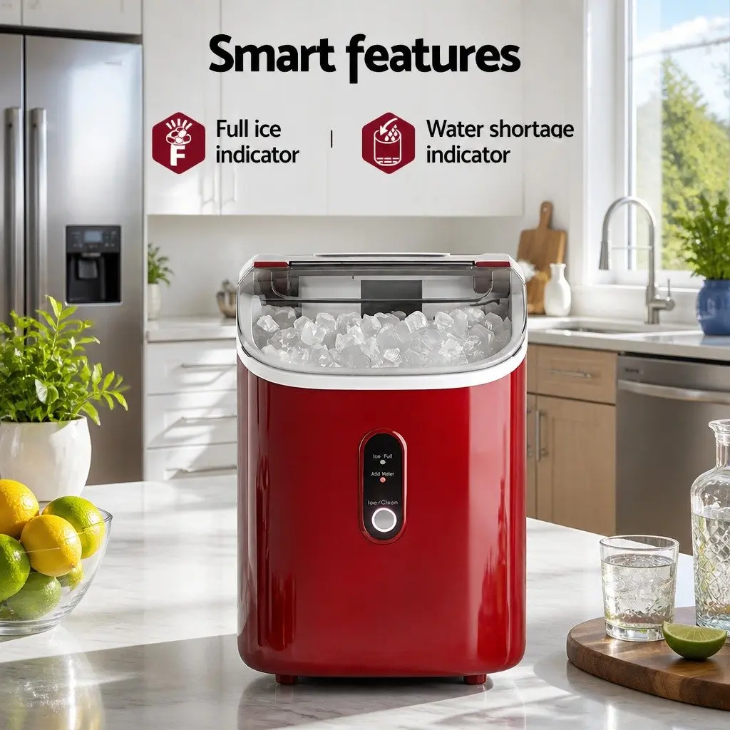 Ice Maker Machine Red Compact Portable Nugget Chewable Ice Cube 15kg Daily Capacity Rapid Ice Production