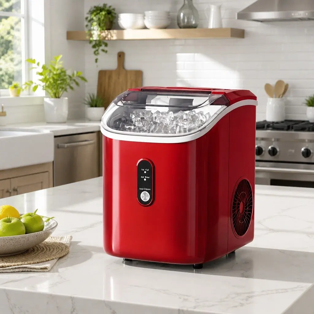 Ice Maker Machine Red Compact Portable Nugget Chewable Ice Cube 15kg Daily Capacity Rapid Ice Production