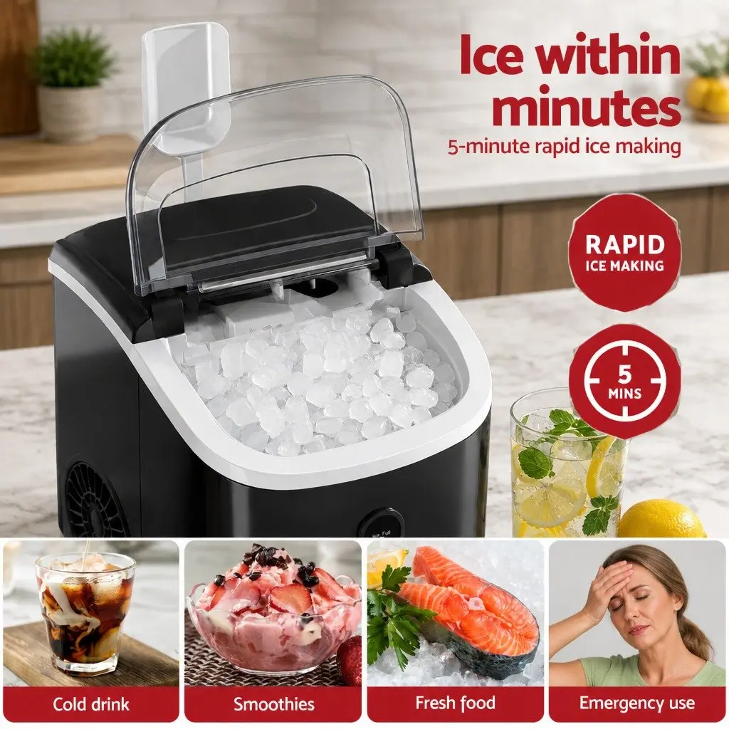 Nugget Ice Maker Machine 15kg Daily Capacity Countertop Portable Black