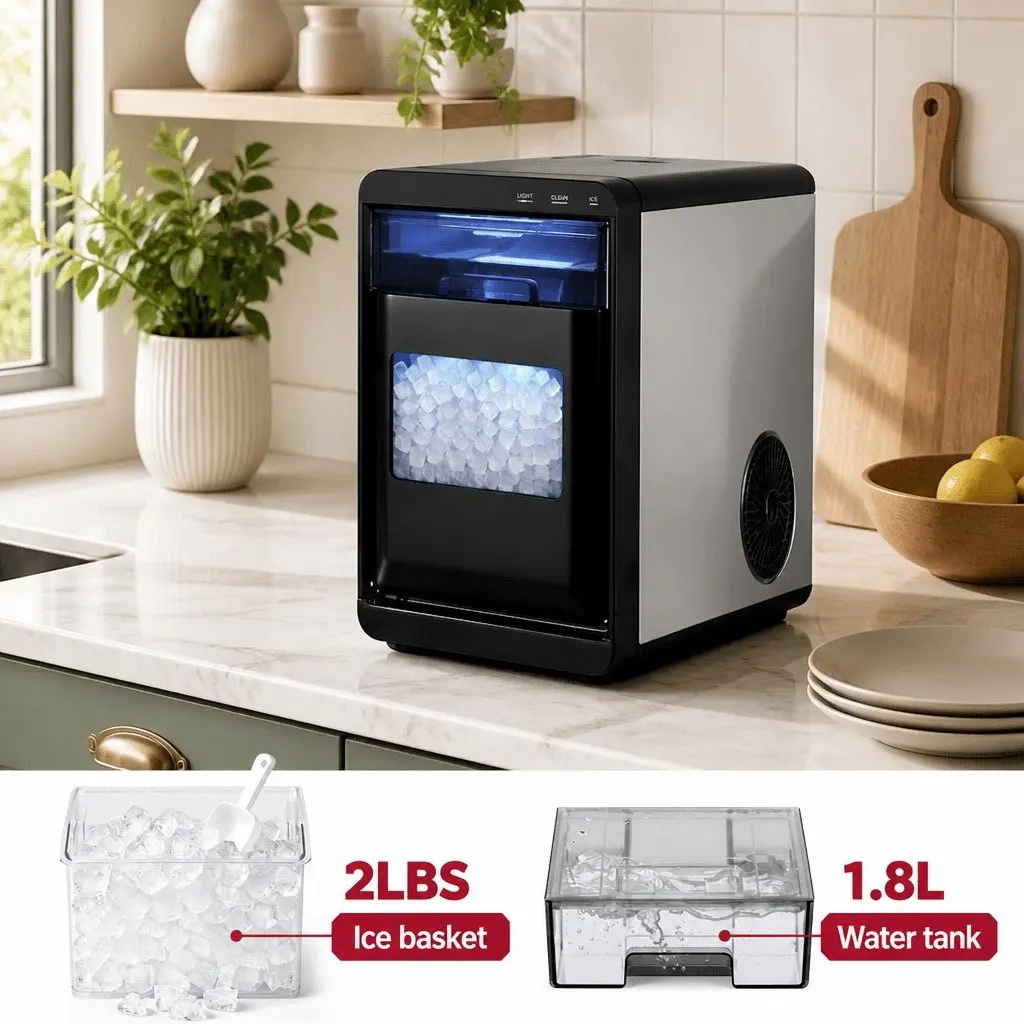 Ice Maker Machine Black Countertop 20kg Nugget Quick Chill Self Cleaning