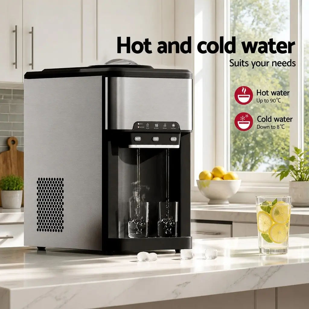 Ice Maker Machine Silver Countertop 20kg 3-in-1 Hot Cold Water Dispenser