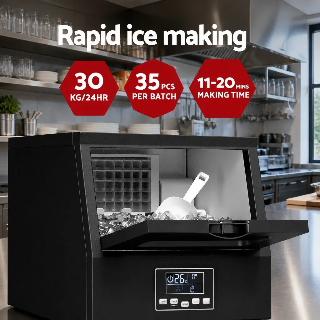 Ice Maker Machine Black 30kg 24 Hours Adjustable Thickness Kitchen Appliance