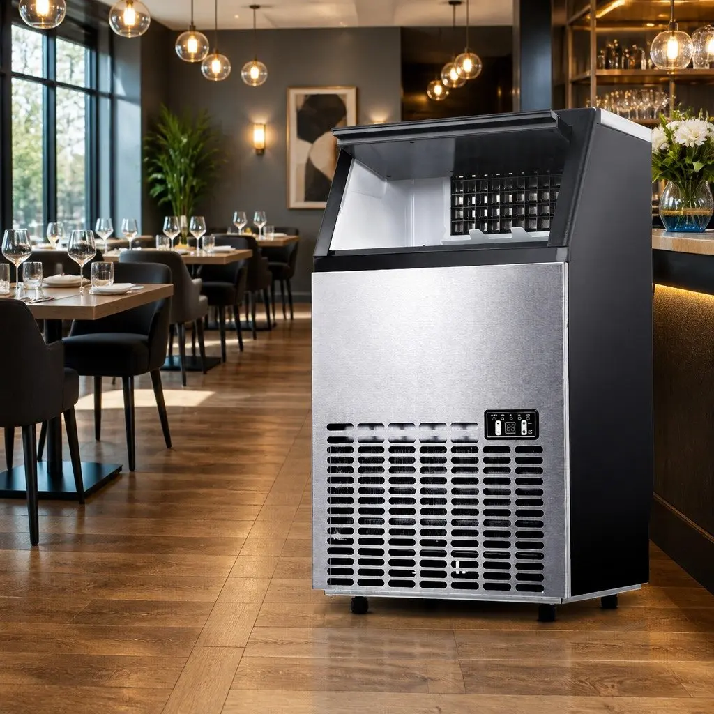 Commercial Ice Maker Machine Silver Stainless Steel 45-60kg Daily Capacity Adjustable Ice Cube Thickness