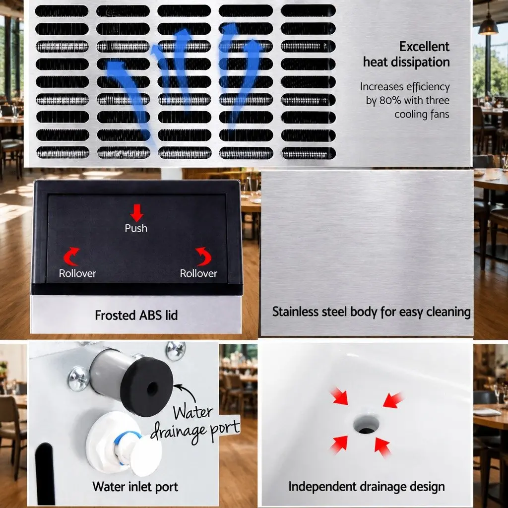 Commercial Ice Maker Machine Silver Stainless Steel 45-60kg Daily Capacity Adjustable Ice Cube Thickness