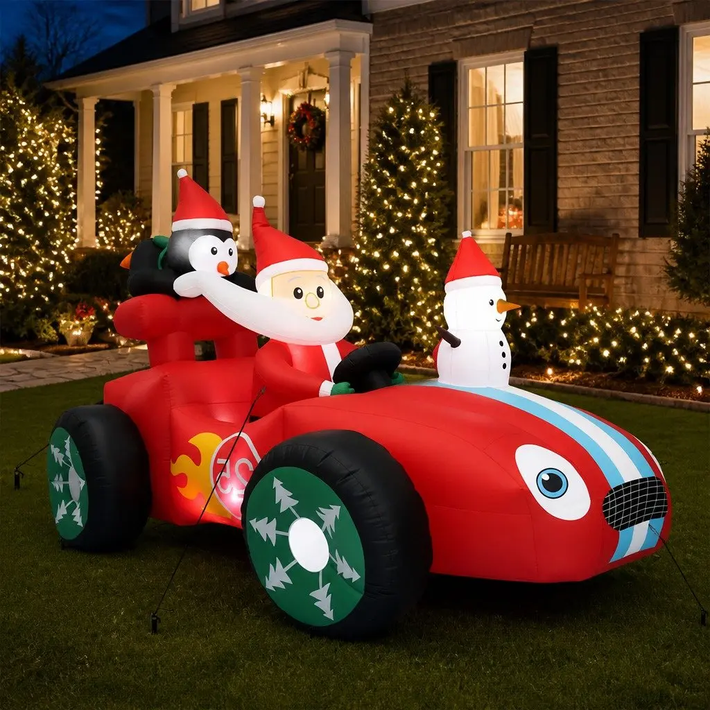 Inflatable Christmas Decoration Multi-color 2.4M Santa Racing Sleigh Car with 17 LED Lights for Outdoor Festive Use
