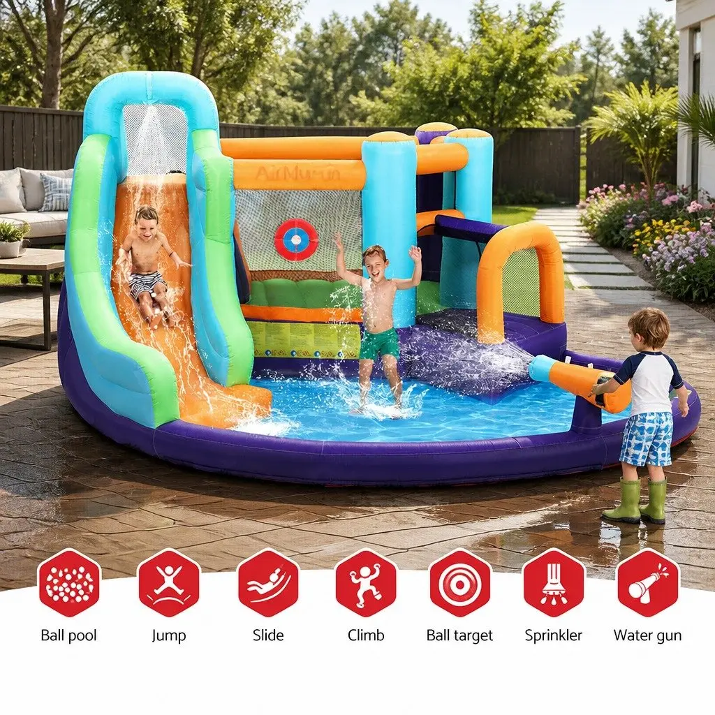 Inflatable Water Slide Red 430cm Outdoor Pool Toy with Curved Slide and Climbing Wall