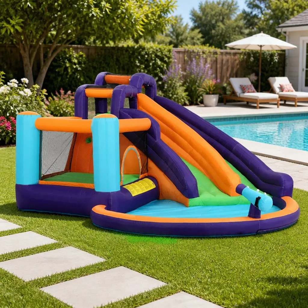 Inflatable Water Slide Red 430cm Double Slide Pool Toy Outdoor Play with Climbing Wall and Water Cannon