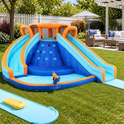 Kids Inflatable Water Park Double Slide Jumping Castle Splash Pool Outdoor Toy