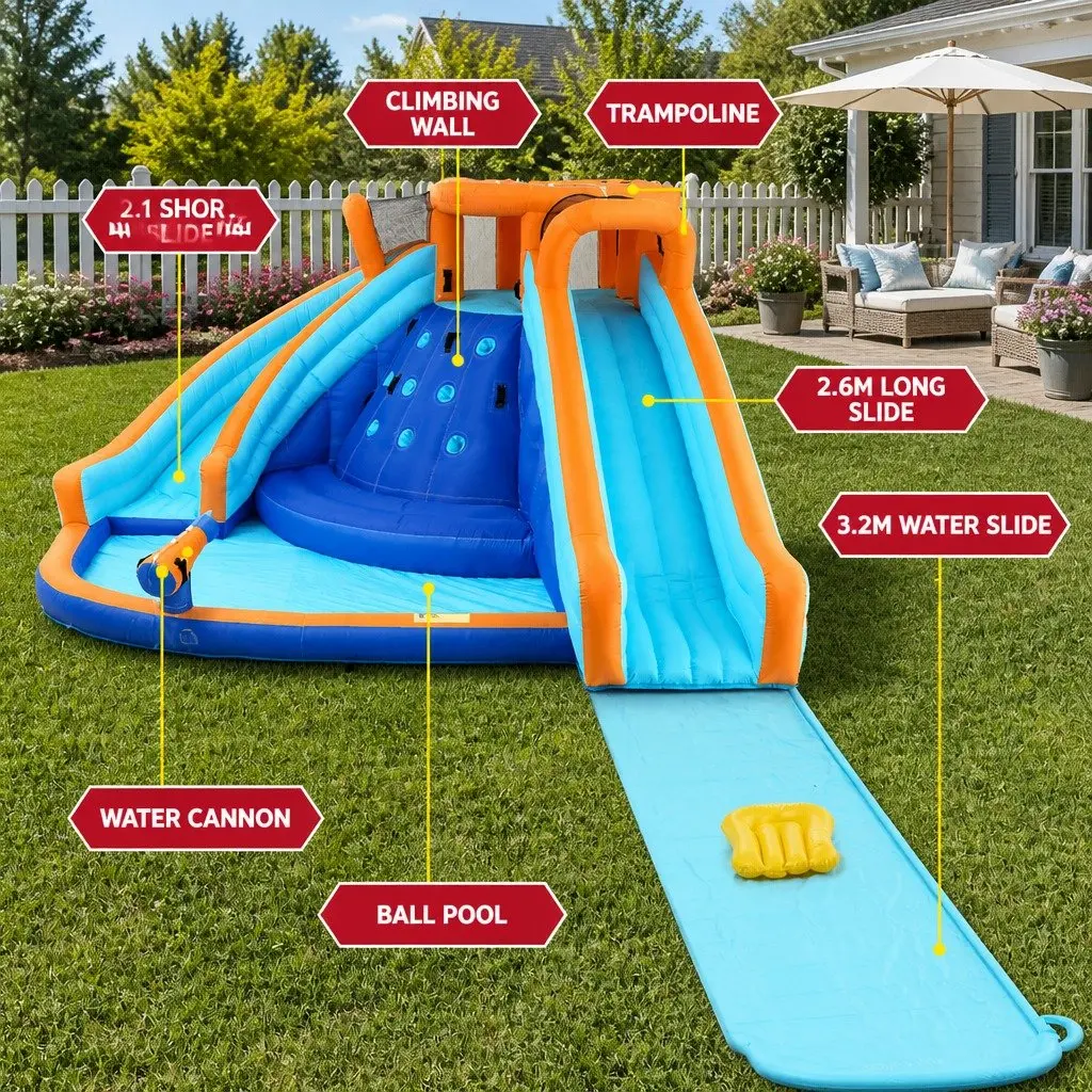 Kids Inflatable Water Park Multicolour 465cm Outdoor Double Slide Jumping Castle with Climbing Wall and Splash Pool