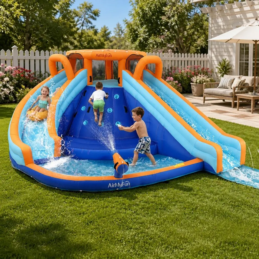 Kids Inflatable Water Park Multicolour 465cm Outdoor Double Slide Jumping Castle with Climbing Wall and Splash Pool
