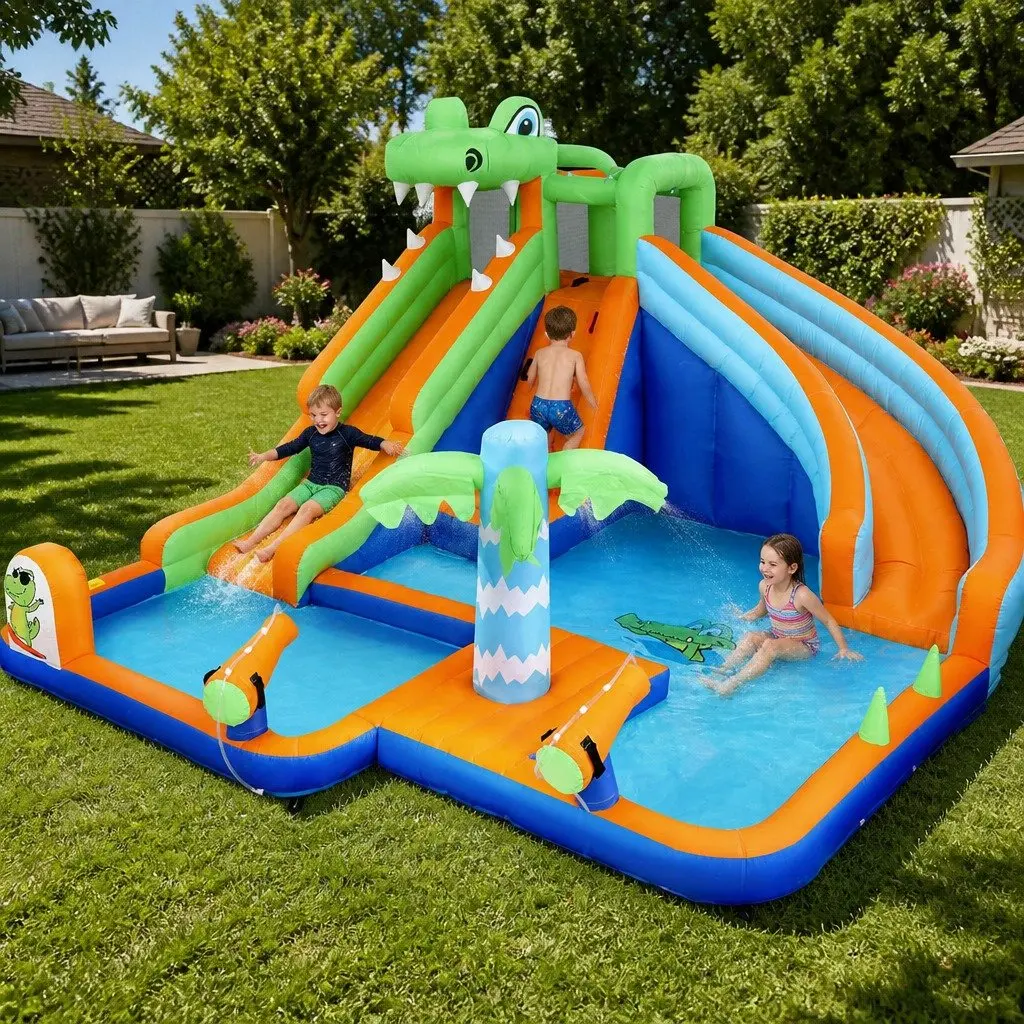 Kids Inflatable Water Park Multicolour 465cm Double Slide Climbing Wall Water Cannon