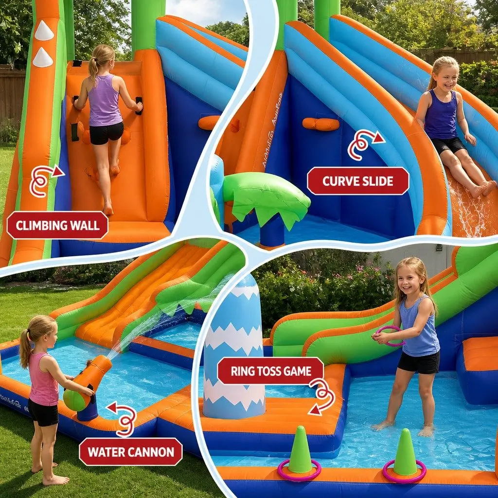 Kids Inflatable Water Park Multicolour 465cm Double Slide Climbing Wall Water Cannon