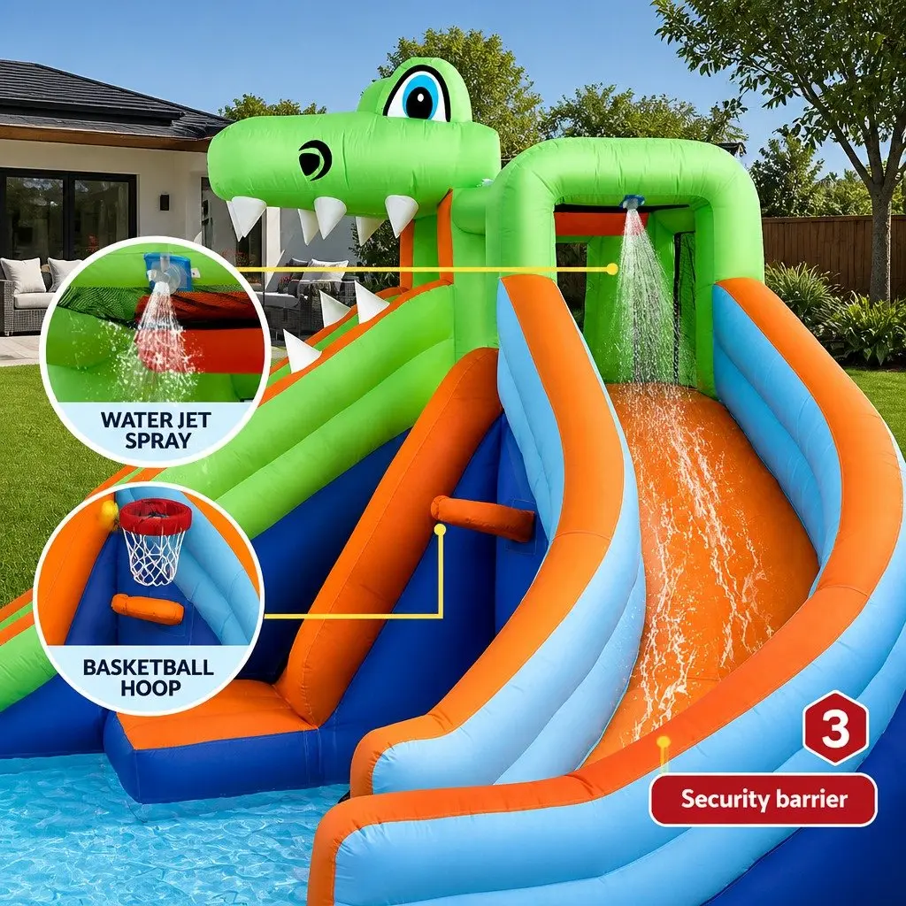 Kids Inflatable Water Park Multicolour 465cm Double Slide Climbing Wall Water Cannon