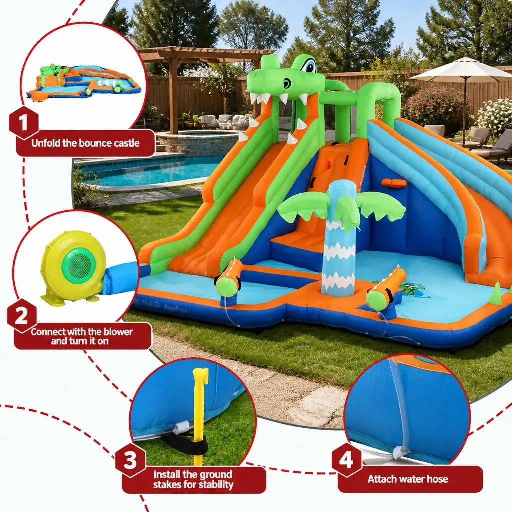 Kids Inflatable Water Park Multicolour 465cm Double Slide Climbing Wall Water Cannon