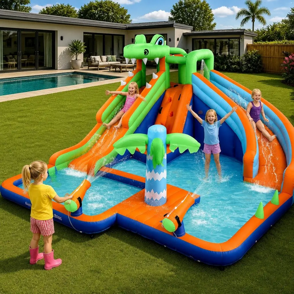 Kids Inflatable Water Park Multicolour 465cm Double Slide Climbing Wall Water Cannon
