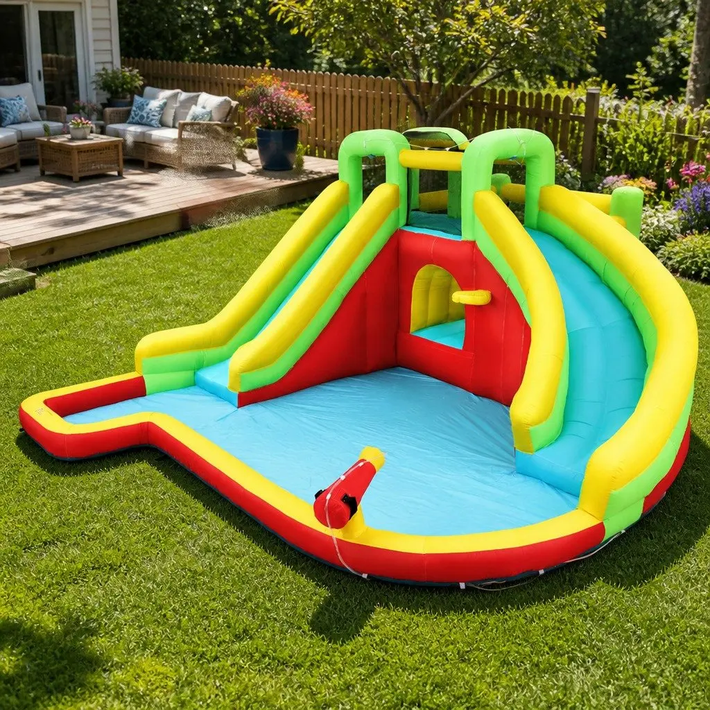 Kids Inflatable Water Slide Park Multicolour 575cm Trampoline Climbing Wall with Water Cannon