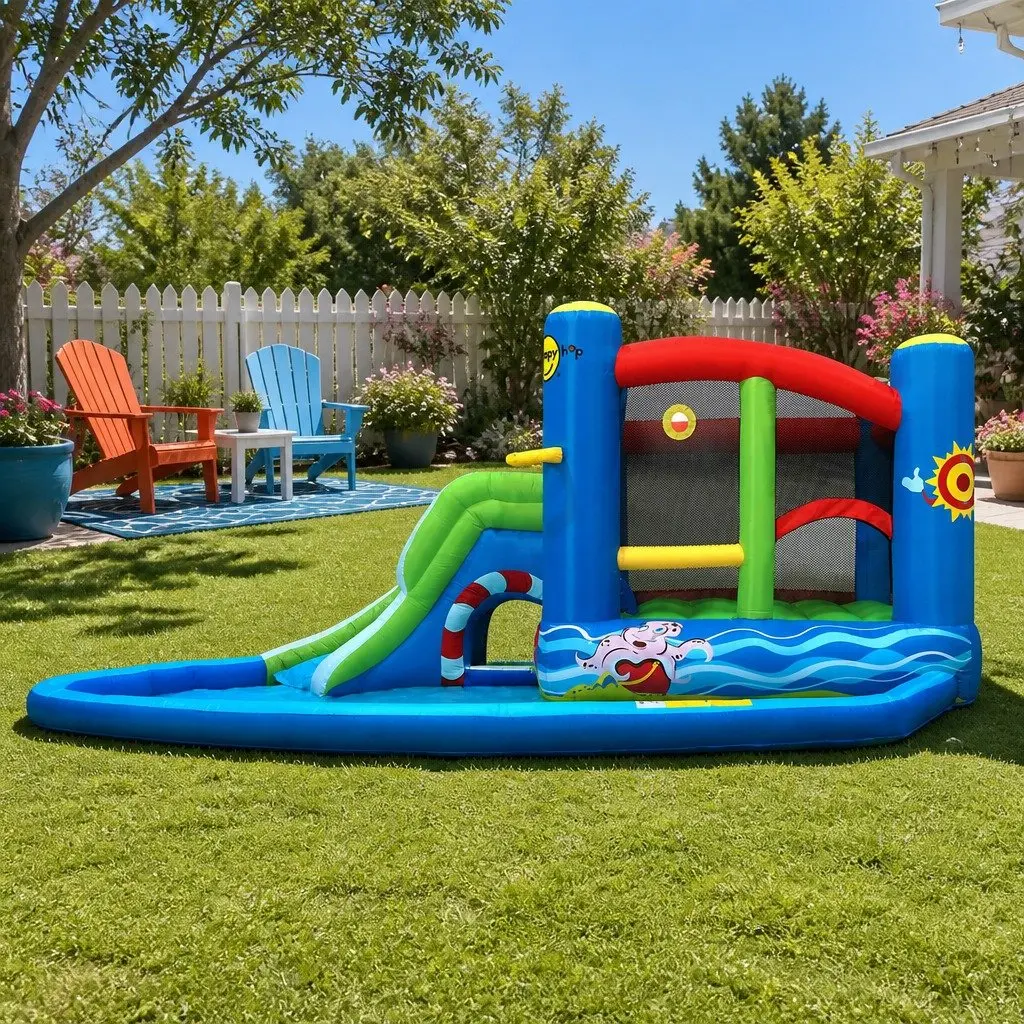 Inflatable Water Slide Bouncer Multicoloured 480cm Outdoor Pool Water Park with Climbing Wall Water Cannon and Splash Pool