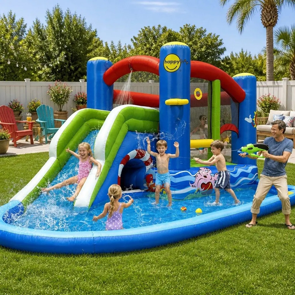 Inflatable Water Slide Bouncer Multicoloured 480cm Outdoor Pool Water Park with Climbing Wall Water Cannon and Splash Pool