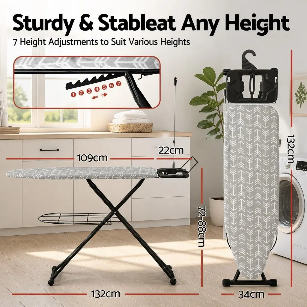 Foldable Ironing Board Grey Heavy Duty Steel Frame 7 Height Settings