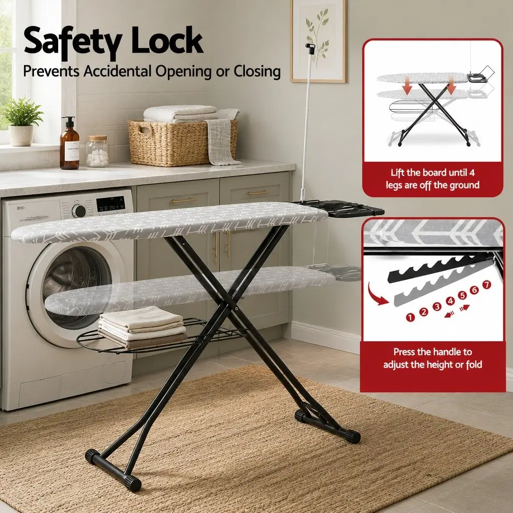 Foldable Ironing Board Grey Heavy Duty Steel Frame 7 Height Settings