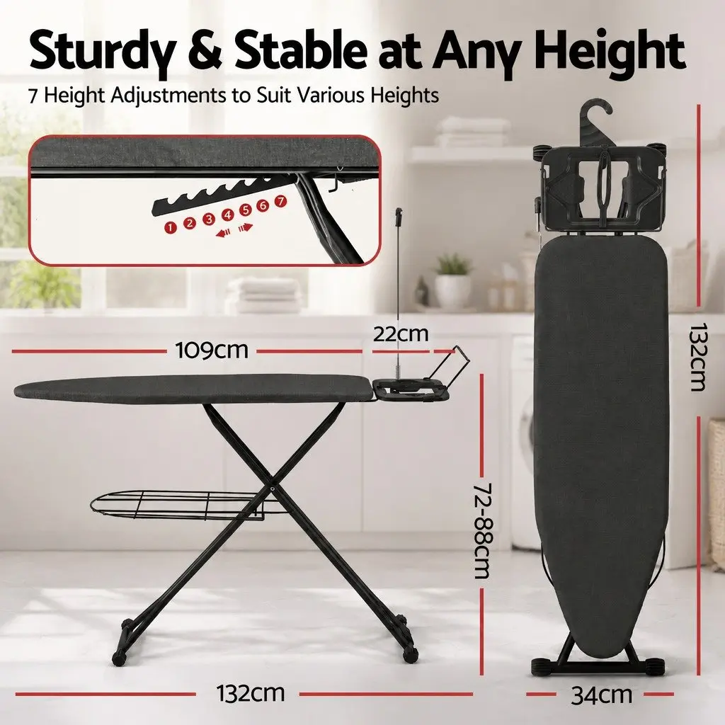 Foldable Ironing Board Grey Heavy Duty Steel Frame Adjustable Height